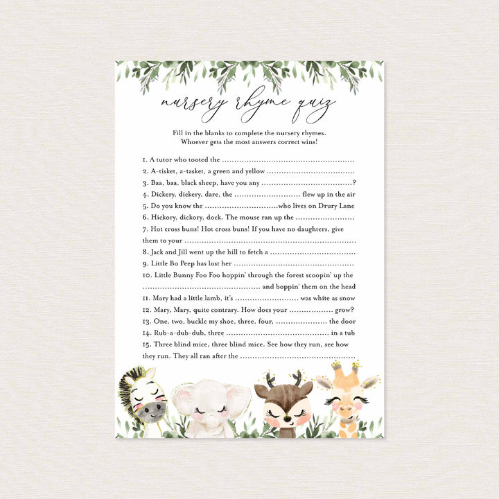 Baby Safari Baby Shower Nursery Rhyme Quiz Game Printable