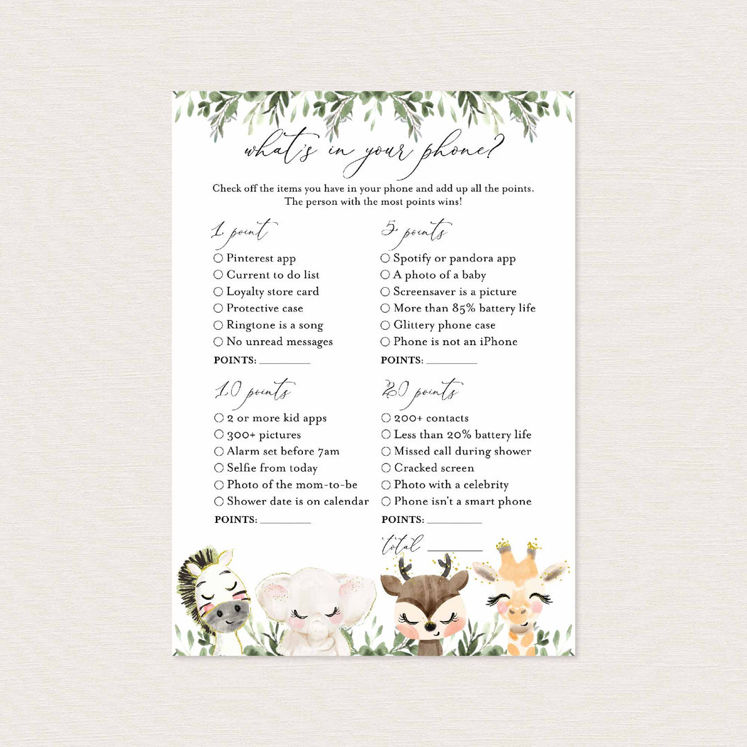 Baby Safari Baby Shower What's In Your Phone Game Printable