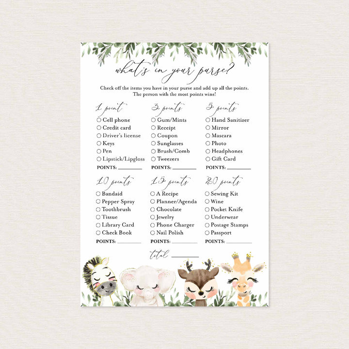 Baby Safari Baby Shower What's In Your Purse Game Printable