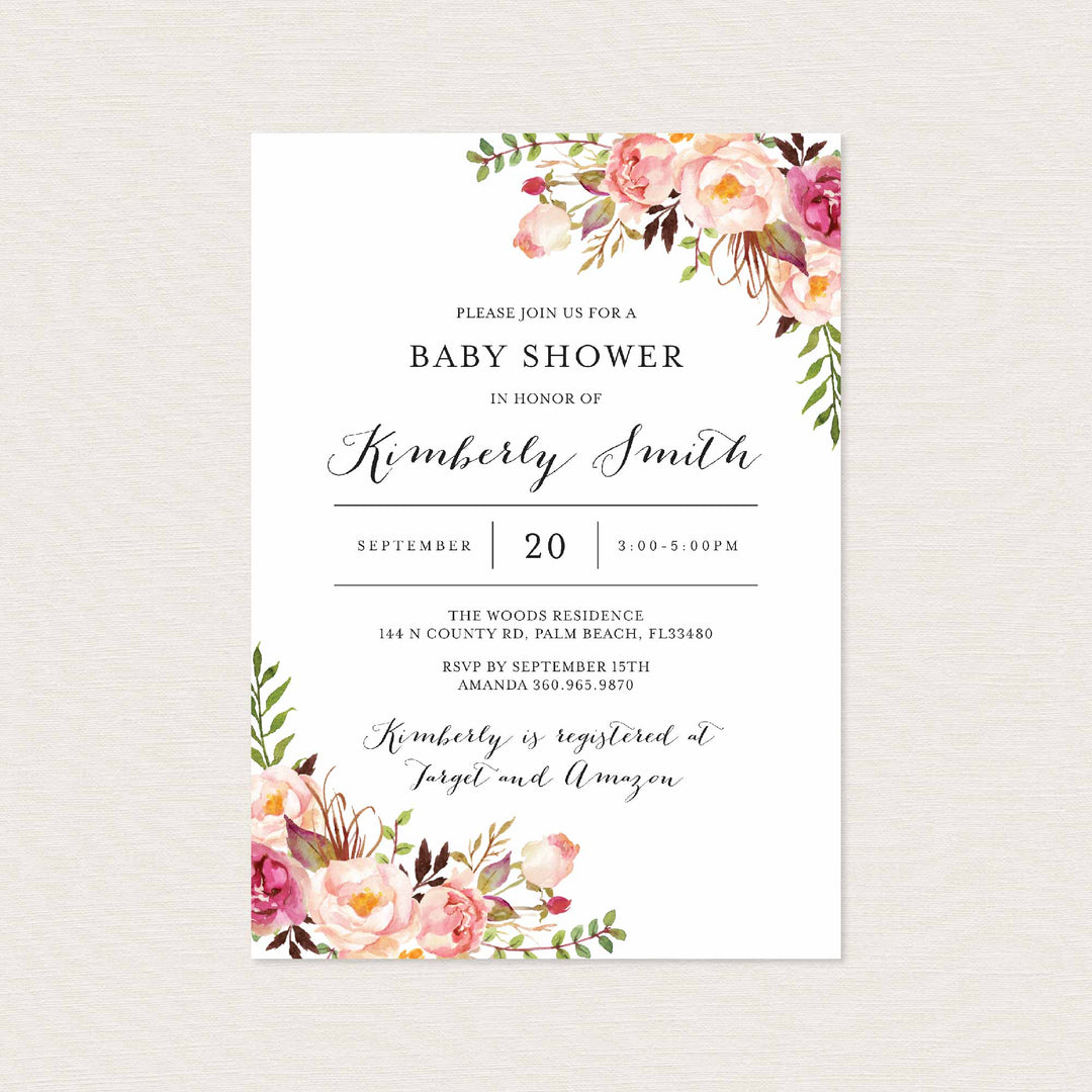 Pink Floral Baby Shower Invitation Printable