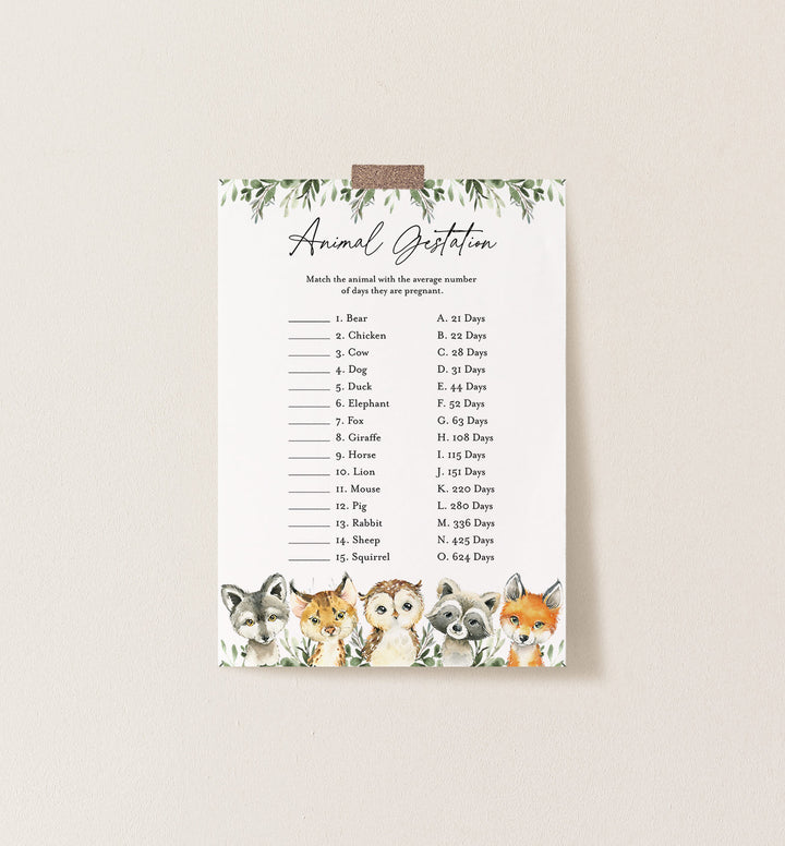 Little Woodland Baby Shower Animal Gestation Game Printable