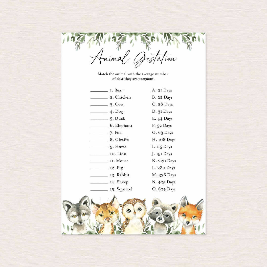 Little Woodland Baby Shower Animal Gestation Game Printable