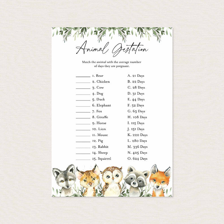 Little Woodland Baby Shower Animal Gestation Game Printable