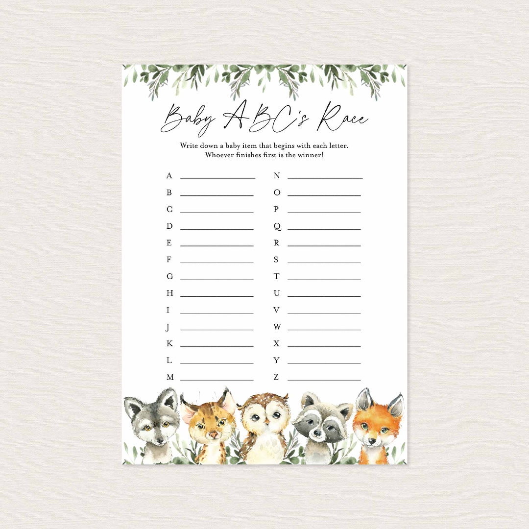 Little Woodland Baby Shower ABC's Race Game Printable