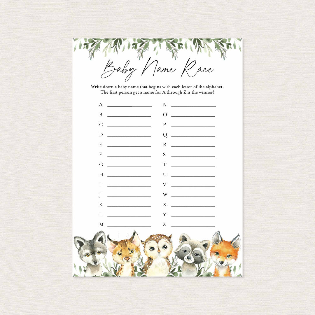 Little Woodland Baby Shower Name Race Game Printable