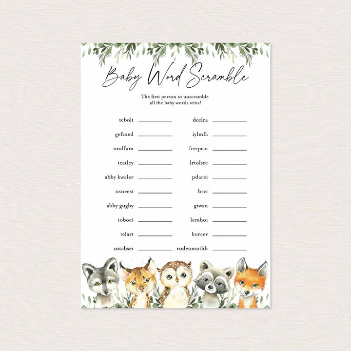 Little Woodland Baby Shower Word Scramble Game Printable