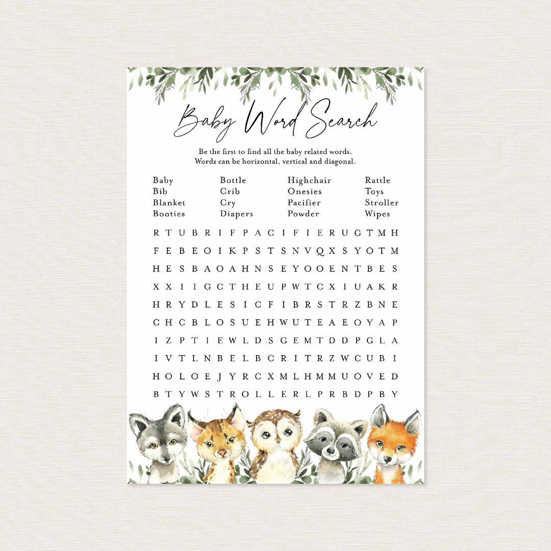 Little Woodland Baby Shower Word Search Game Printable