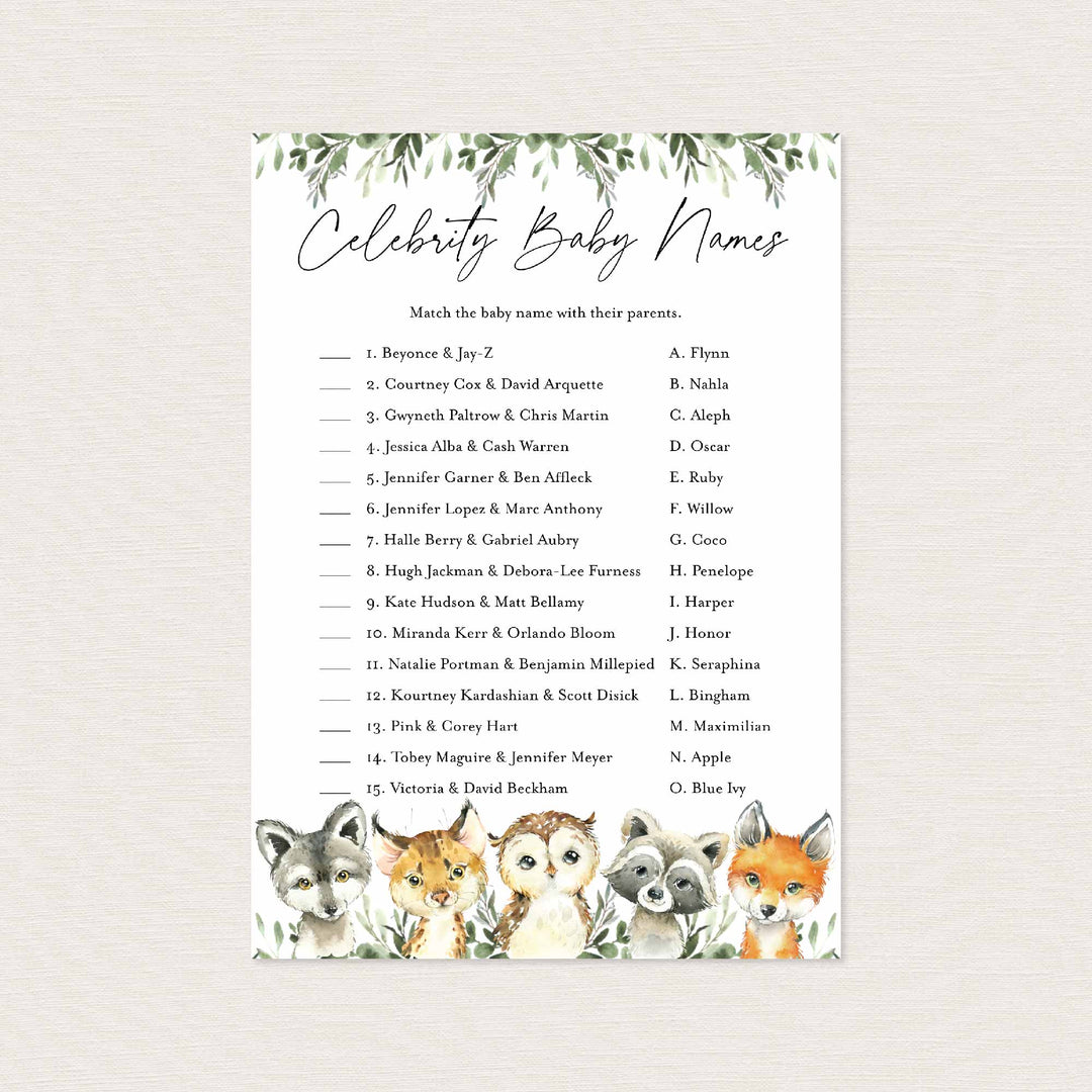 Little Woodland Baby Shower Celebrity Baby Names Game Printable