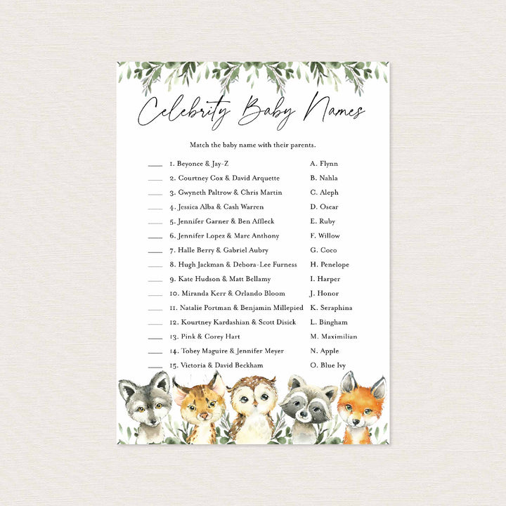 Little Woodland Baby Shower Celebrity Baby Names Game Printable