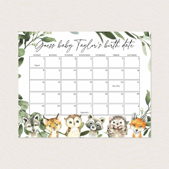 Little Woodland Baby Shower Due Date Calendar Printable