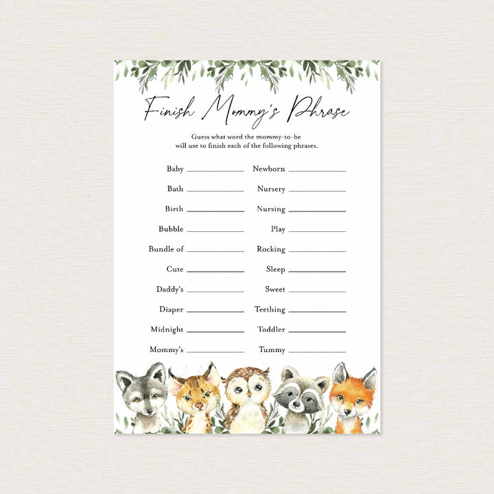 Little Woodland Baby Shower Finish Mummy's Phrase Game Printable