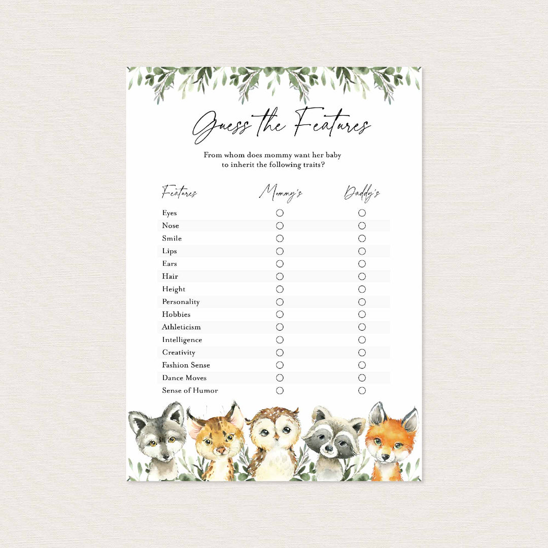 Little Woodland Baby Shower Guess The Features Game Printable