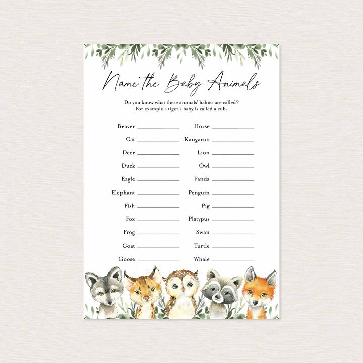 Little Woodland Baby Shower Name The Baby Animals Game Printable