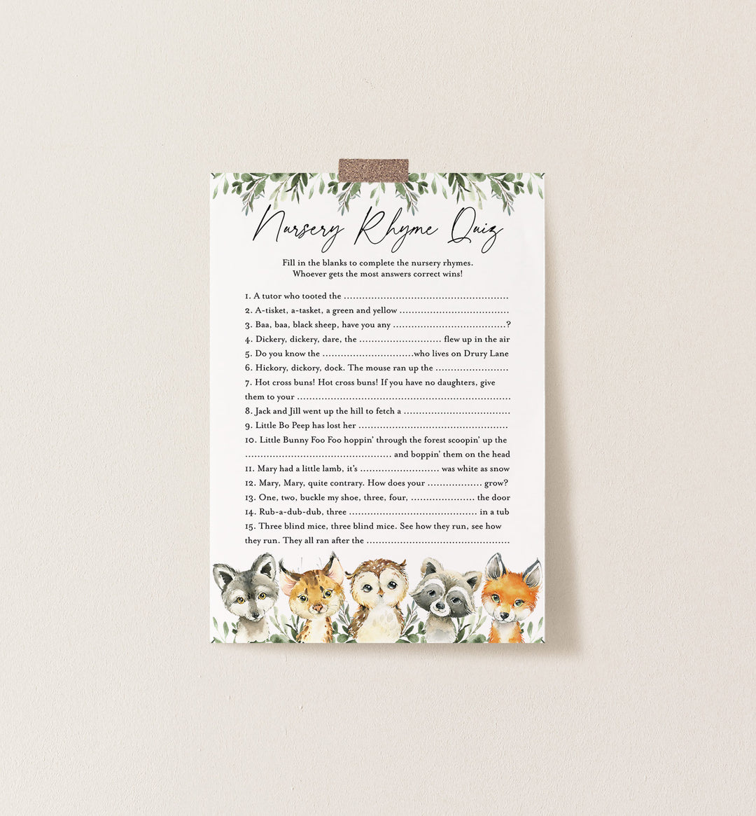 Little Woodland Baby Shower Nursery Rhyme Quiz Game Printable