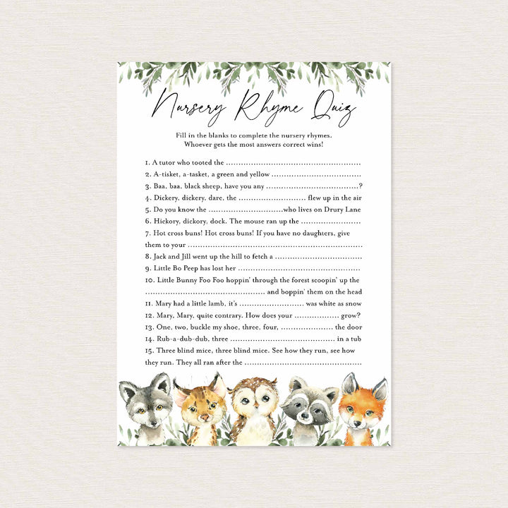 Little Woodland Baby Shower Nursery Rhyme Quiz Game Printable