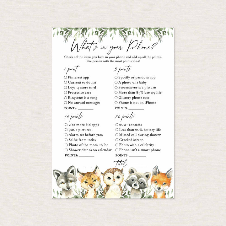 Little Woodland Baby Shower What's In Your Phone Game Printable