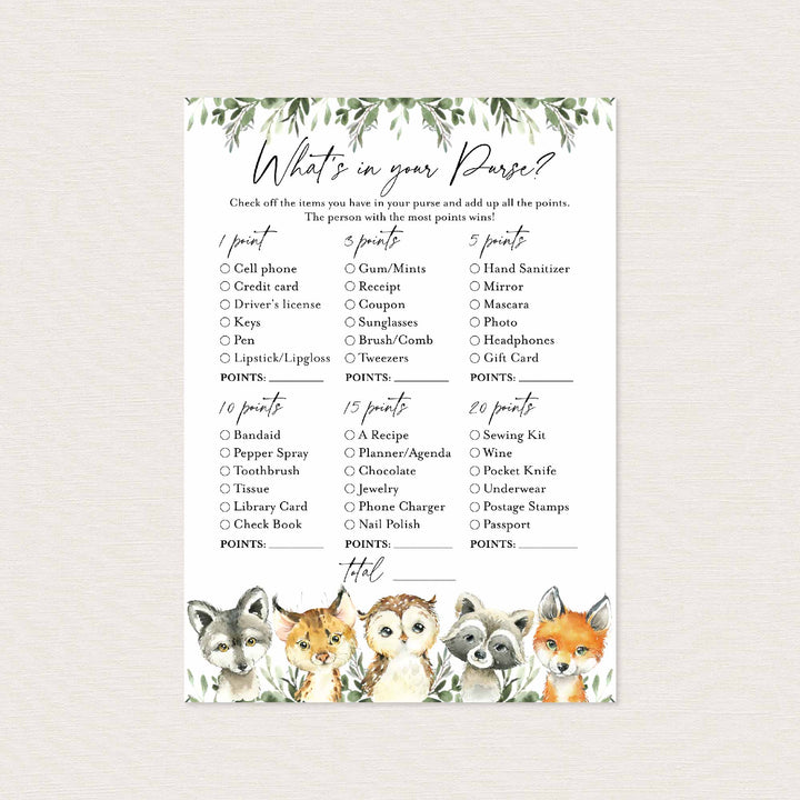 Little Woodland Baby Shower What's In Your Purse Game Printable