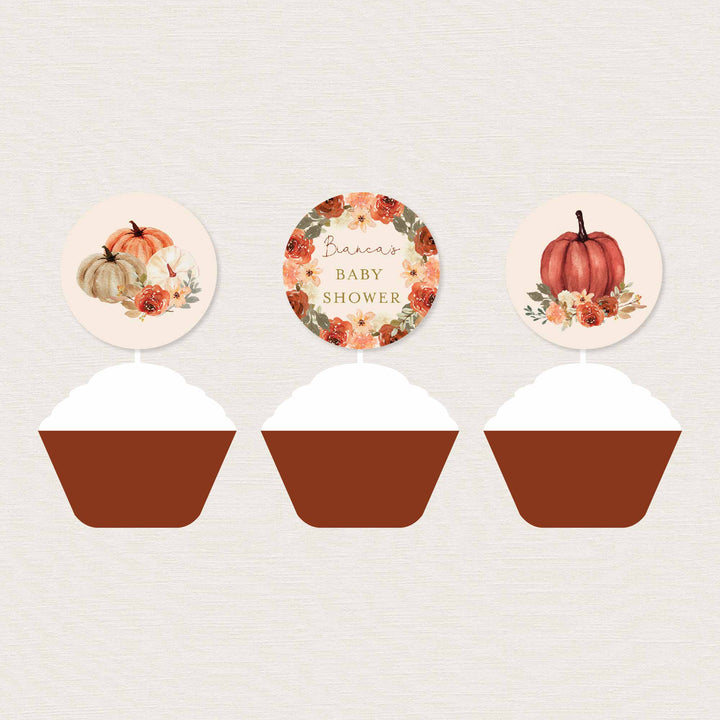 Floral Pumpkin Baby Shower Cupcake Toppers and Cupcake Wrappers Printable