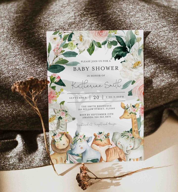 Safari Animals Blush Baby Shower Invitation Printable