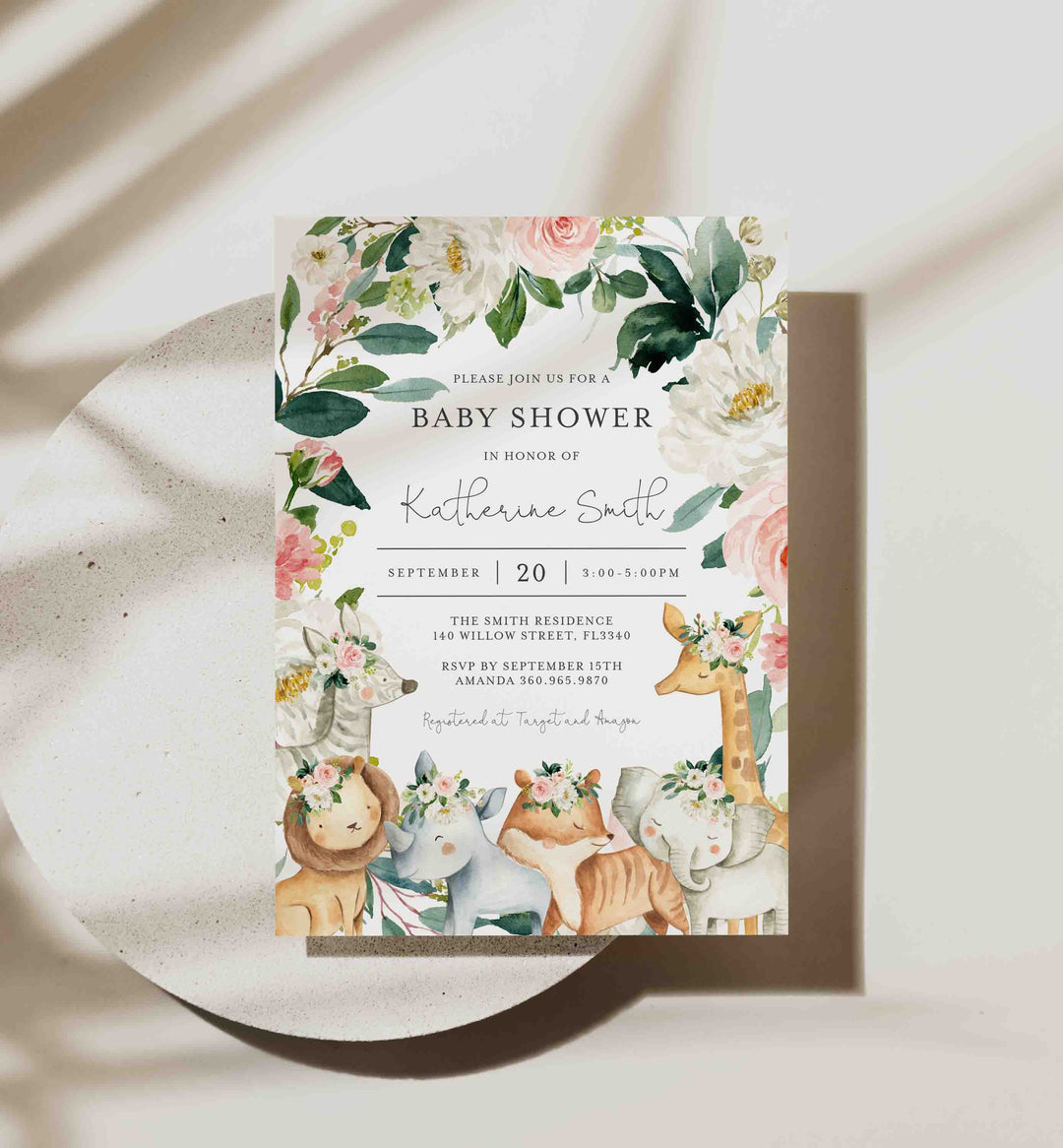 Safari Animals Blush Baby Shower Invitation Printable