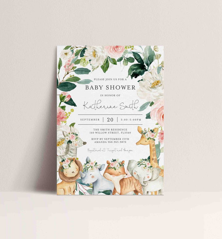 Safari Animals Blush Baby Shower Invitation Printable