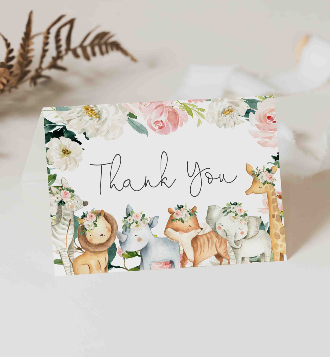 Safari Animals Blush Baby Shower Thank You Card Printable