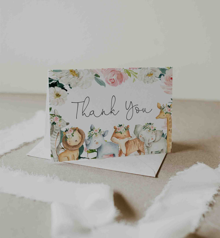 Safari Animals Blush Baby Shower Thank You Card Printable