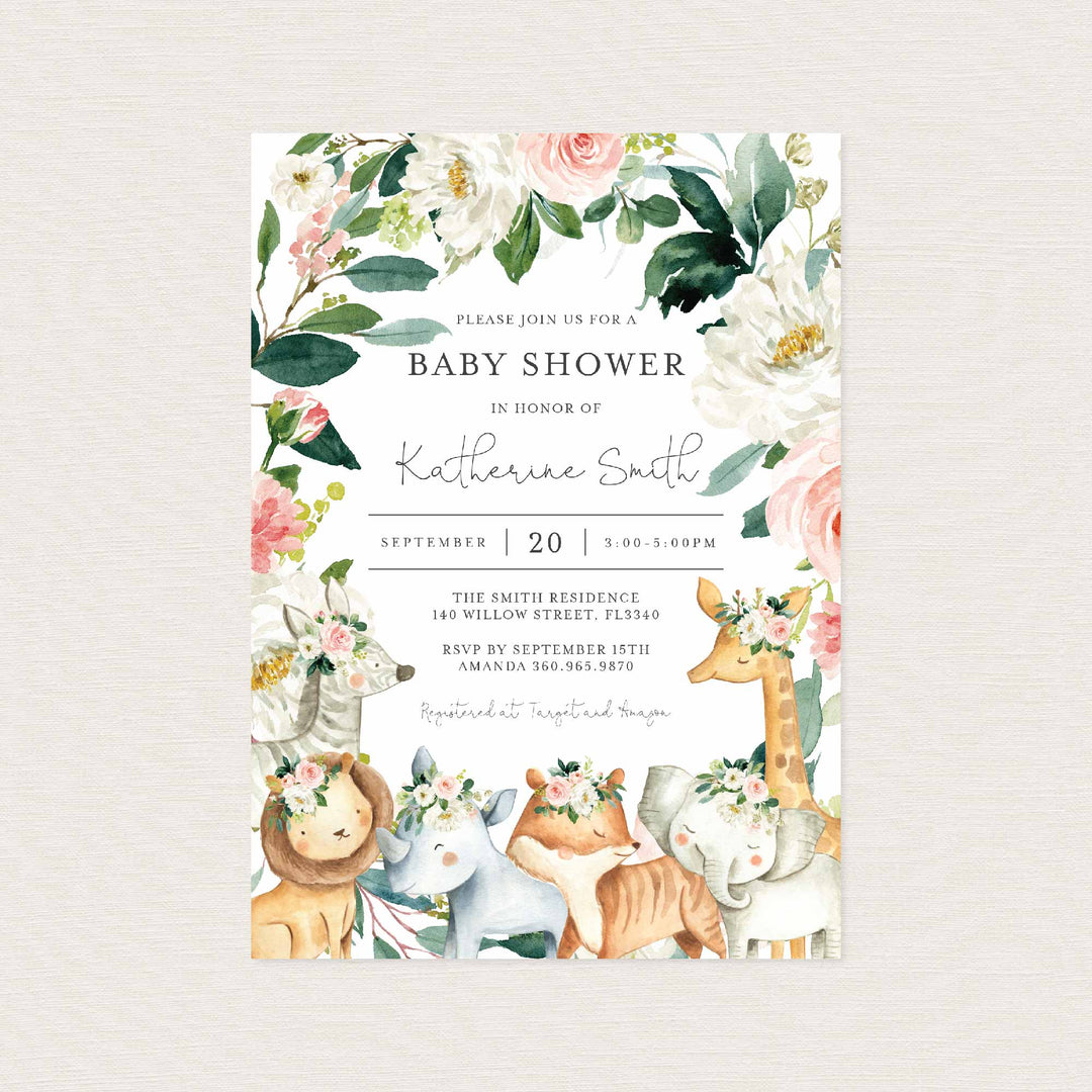 Safari Animals Blush Baby Shower Invitation Printable