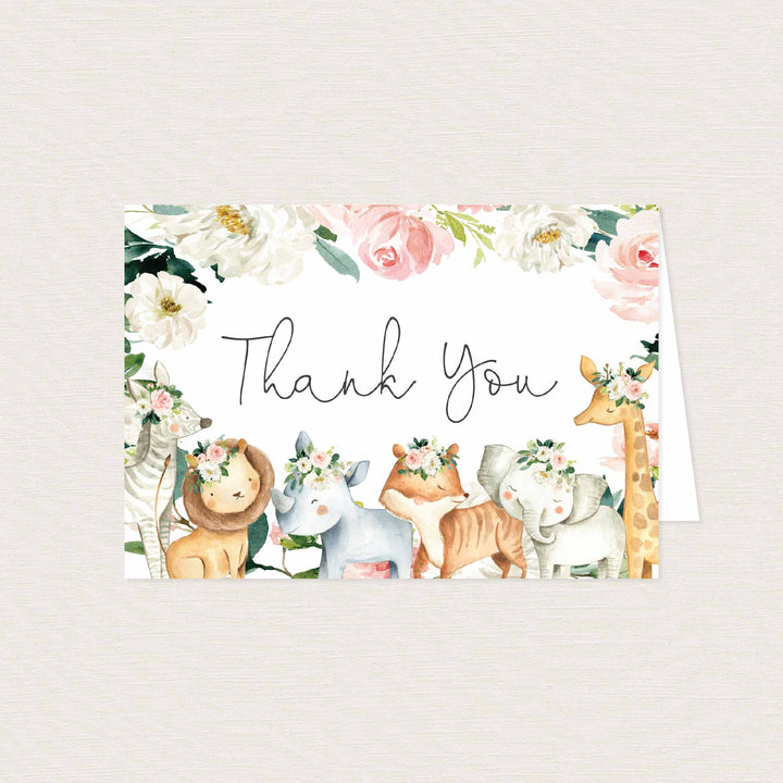 Safari Animals Blush Baby Shower Thank You Card Printable