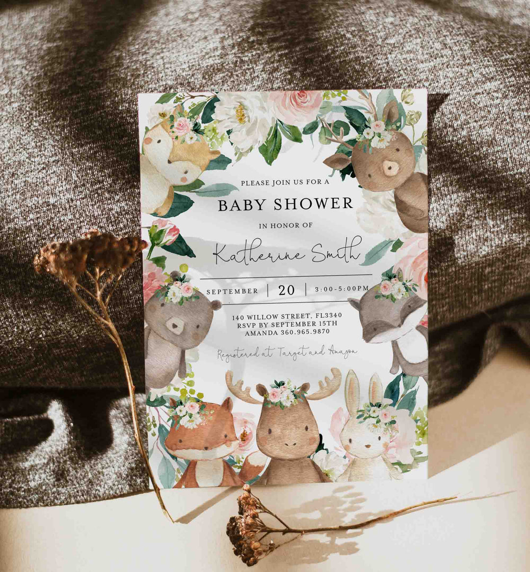 Woodland Friends Blush Baby Shower Invitation Printable