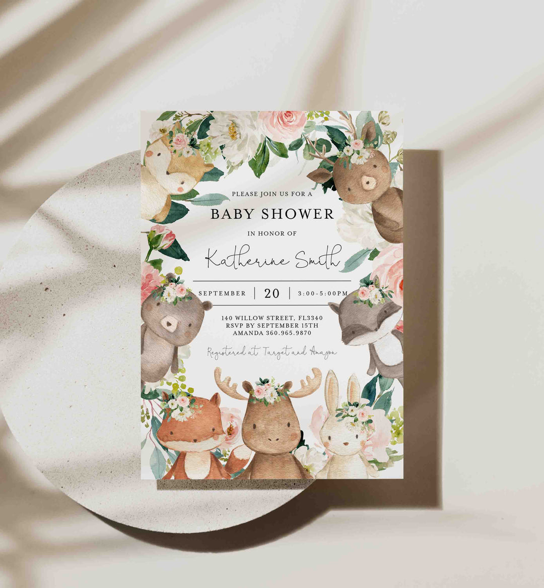 Woodland Friends Blush Baby Shower Invitation Printable