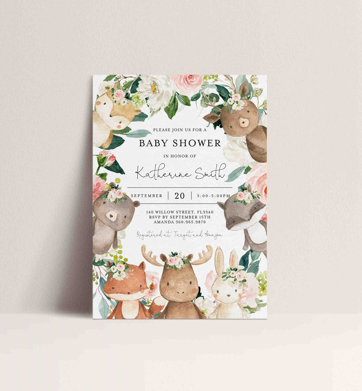 Woodland Friends Blush Baby Shower Invitation Printable