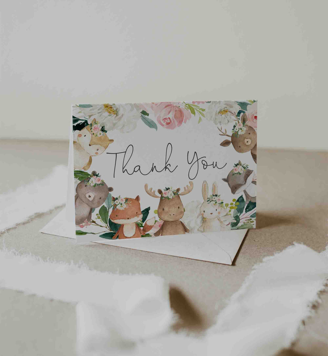 Woodland Friends Blush Baby Shower Thank You Card Printable