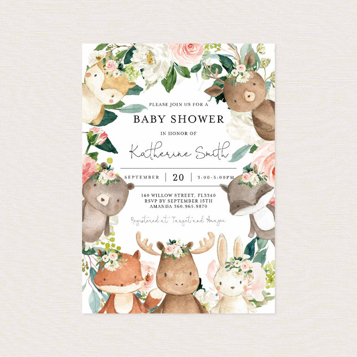 Woodland Friends Blush Baby Shower Invitation Printable