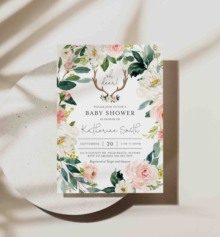 Antler Blush Baby Shower Invitation Printable