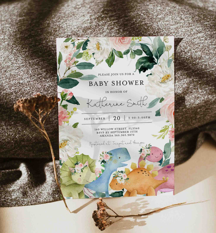 Dinosaurs Blush Baby Shower Invitation Printable