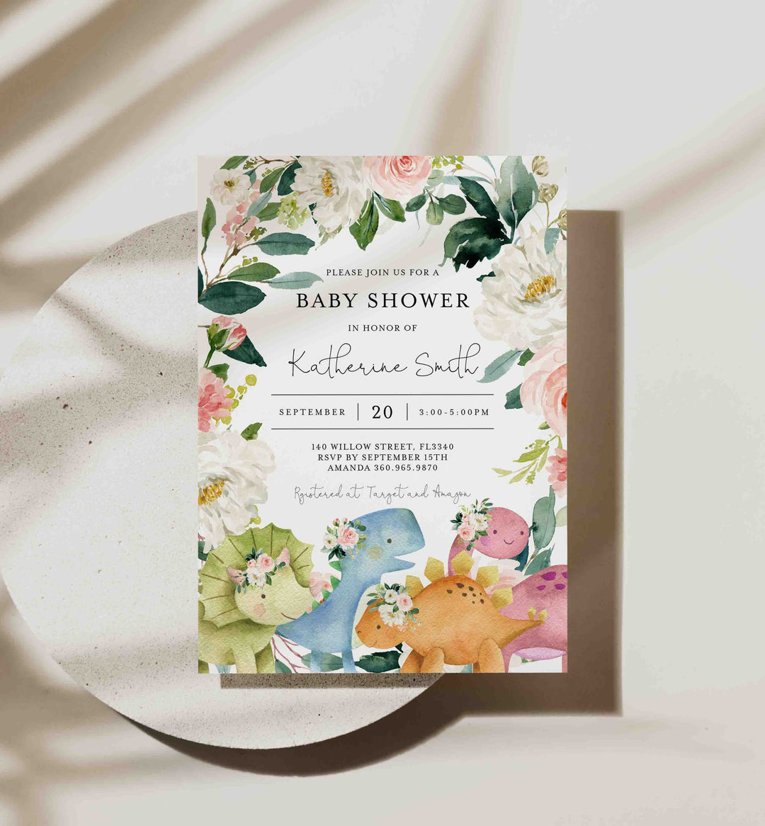 Dinosaurs Blush Baby Shower Invitation Printable