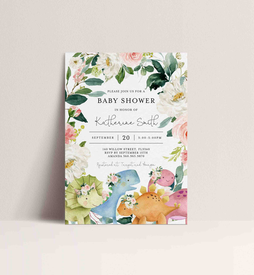 Dinosaurs Blush Baby Shower Invitation Printable