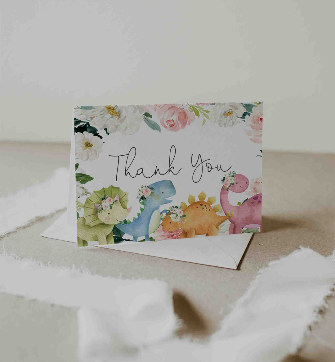 Dinosaurs Blush Baby Shower Thank You Card Printable