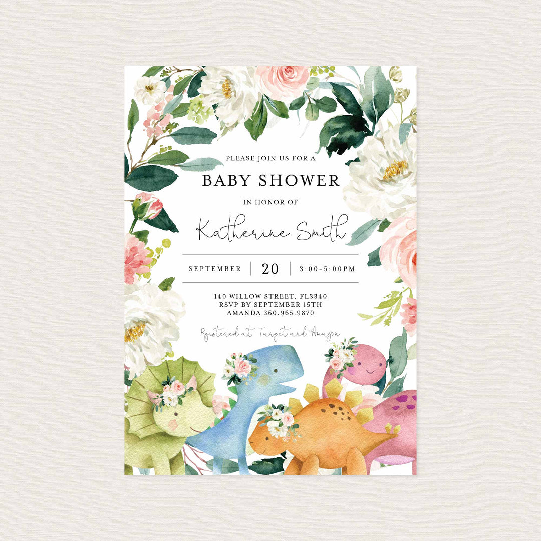 Dinosaurs Blush Baby Shower Invitation Printable