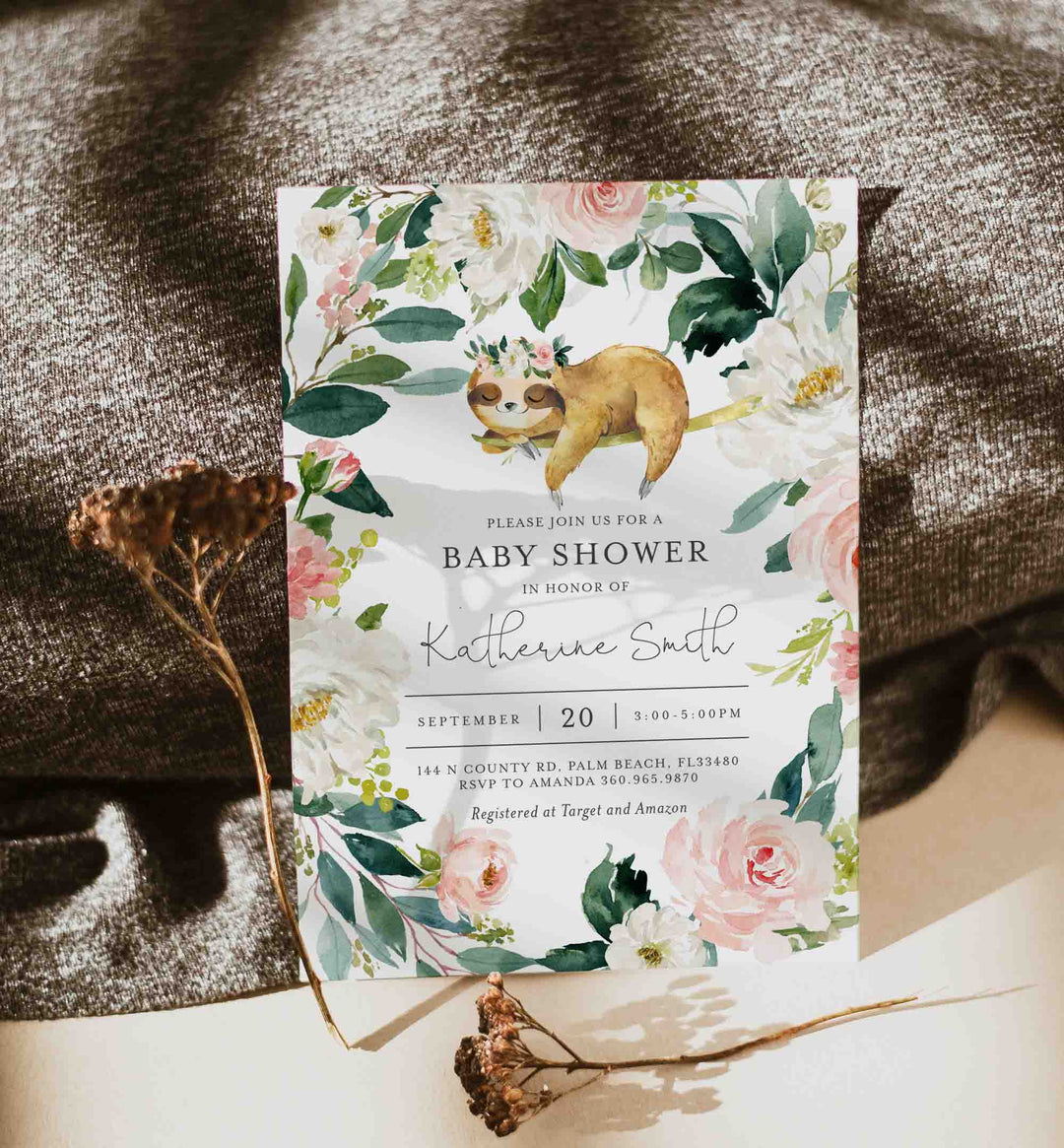 Sleeping Sloth Blush Baby Shower Invitation Printable