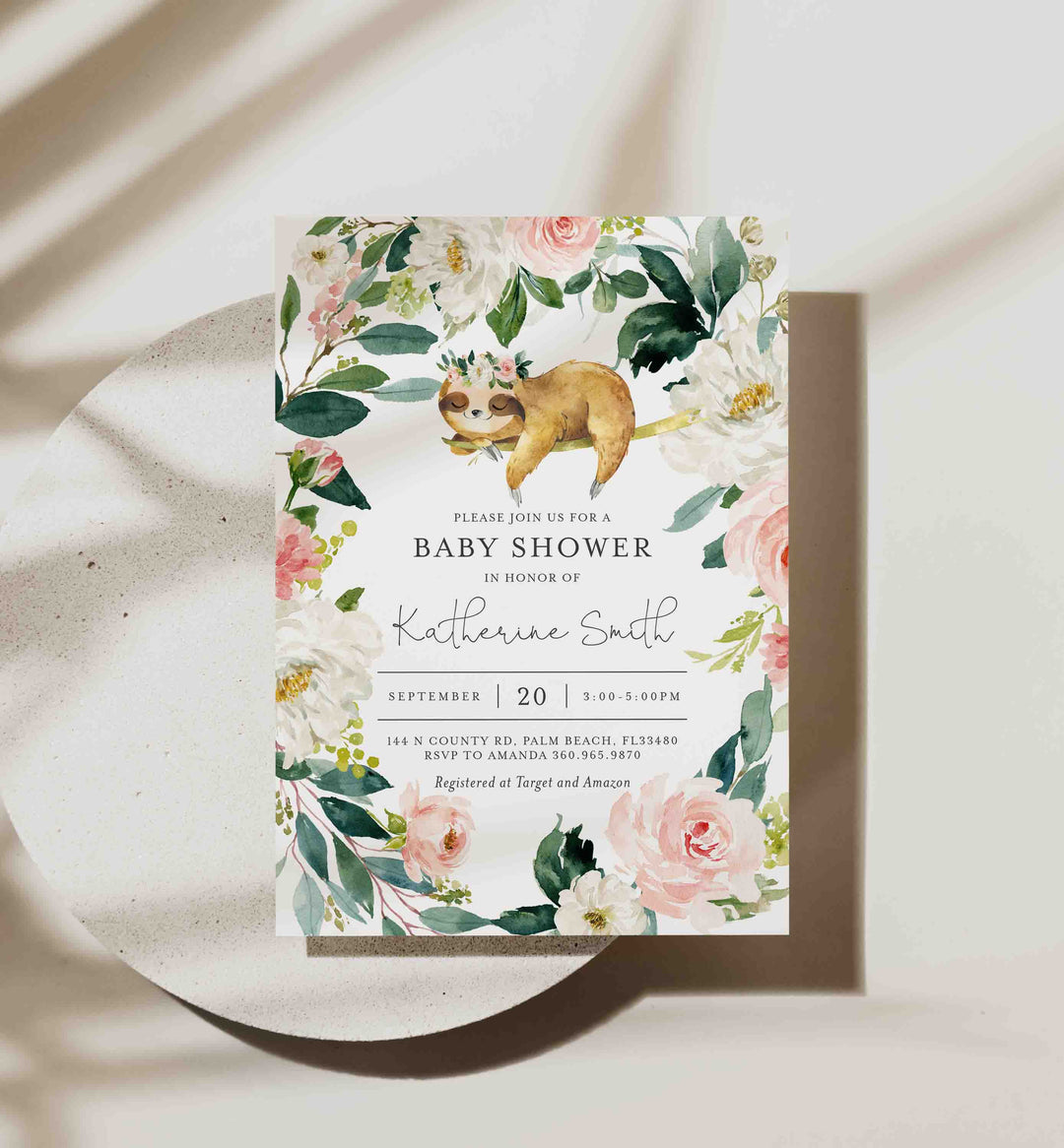 Sleeping Sloth Blush Baby Shower Invitation Printable