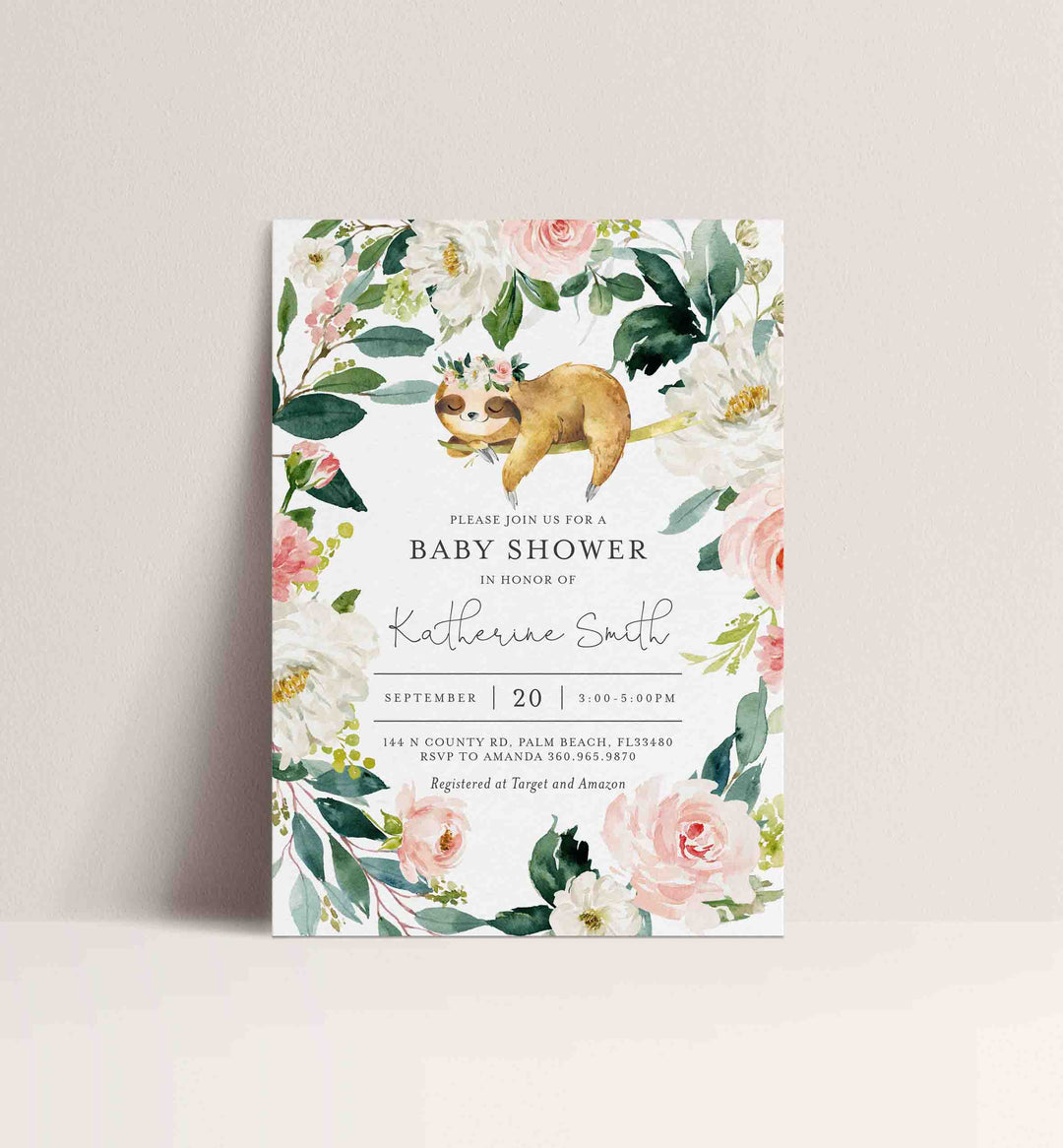 Sleeping Sloth Blush Baby Shower Invitation Printable