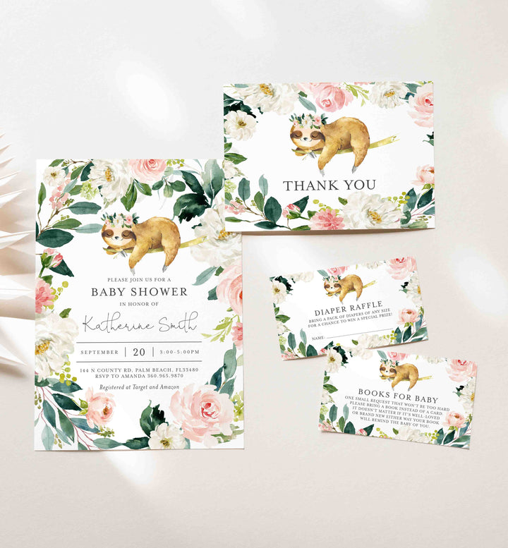 Sleeping Sloth Blush Baby Shower Suite Printable