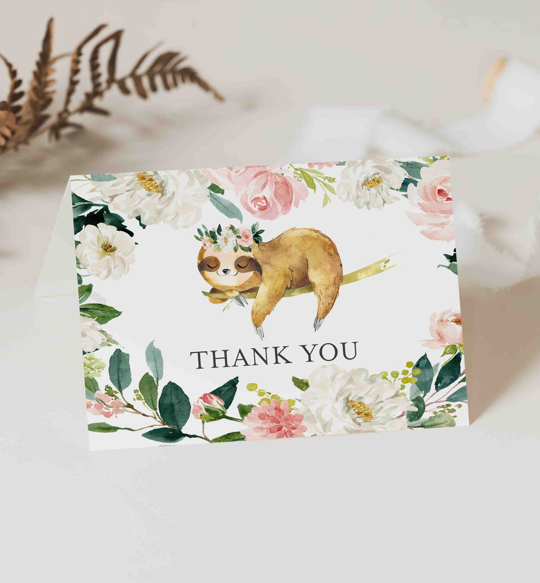 Sleeping Sloth Blush Baby Shower Thank You Card Printable