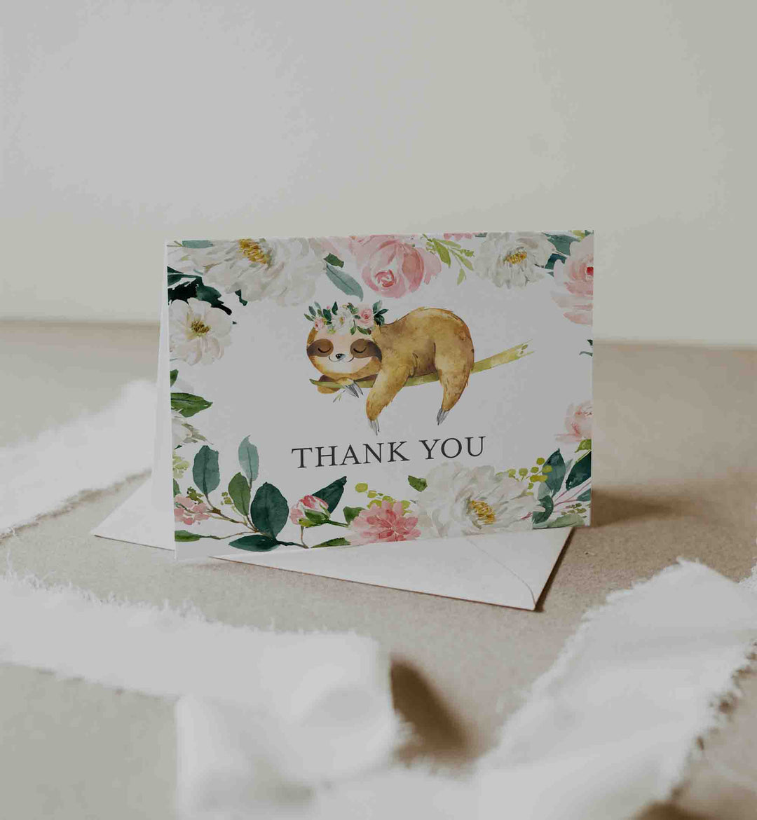 Sleeping Sloth Blush Baby Shower Thank You Card Printable