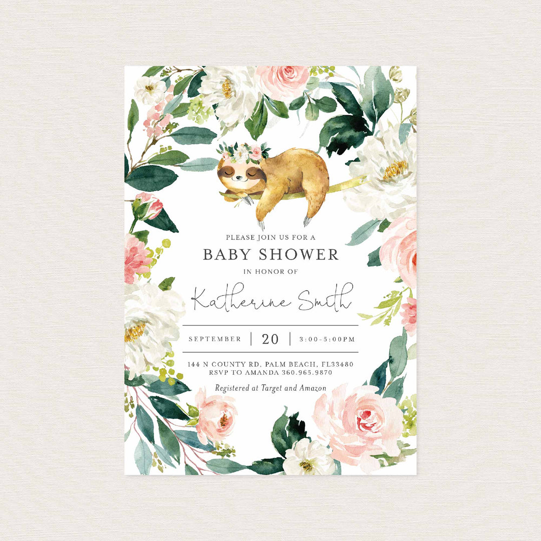 Sleeping Sloth Blush Baby Shower Invitation Printable