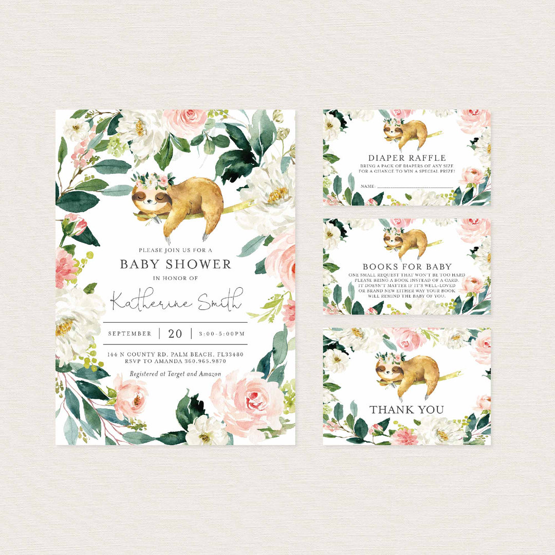 Sleeping Sloth Blush Baby Shower Suite Printable