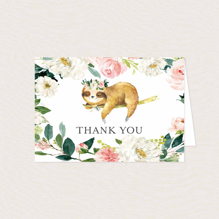 Sleeping Sloth Blush Baby Shower Thank You Card Printable