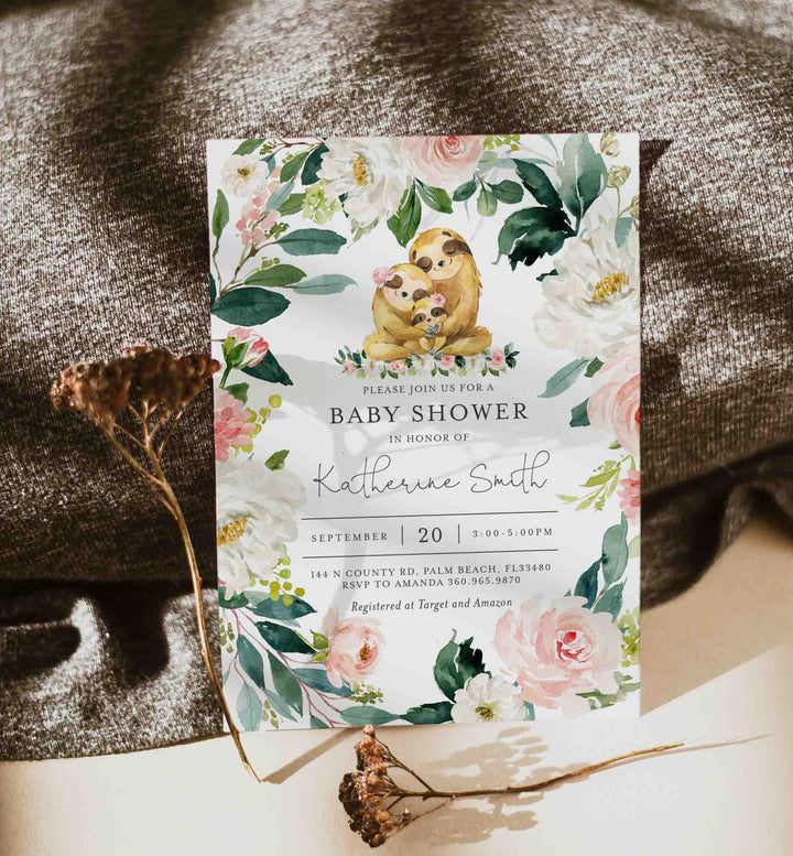 Sloth Family Blush Baby Shower Invitation Printable